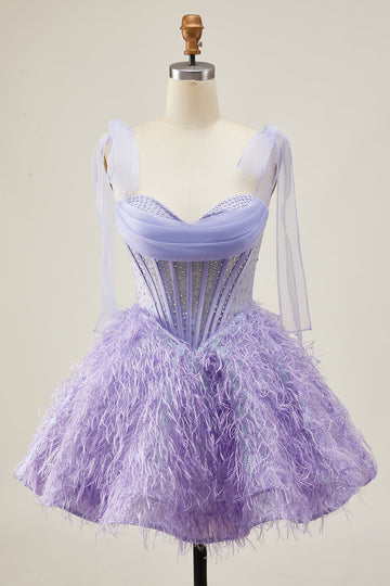 Lilac A-Line Beaded Corset Homecoming Dress with Feathers